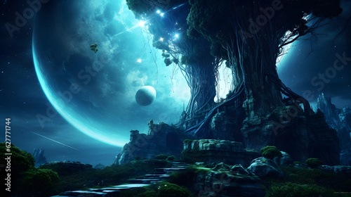 Illuminated 3d fantasy fairytale dreamland, future, science, surreal, moon, city, ghost, dark 