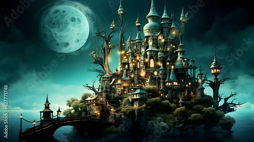 Illuminated 3d fantasy fairytale dreamland, future, science, surreal, moon, city, ghost, dark  © chui