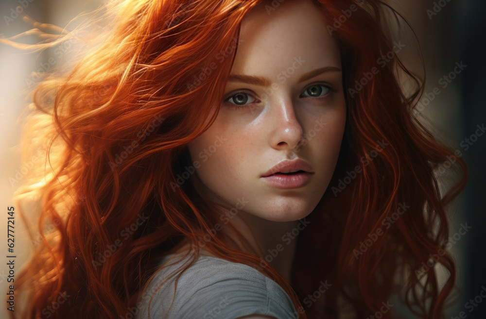 Beautiful woman with red hair. AI generative.