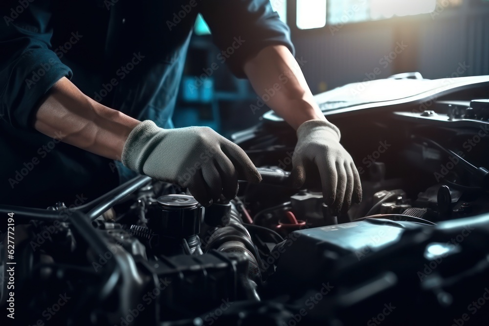 Professional car mechanic working on car enging, close-up repair service and maintenance concept generative ai