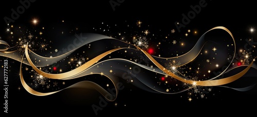 Christmas dark abstract background with swirling ribbons and sparkling stars.