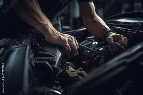 Professional car mechanic working on car enging, close-up repair service and maintenance concept generative ai
