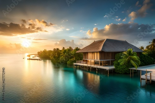 tropical resort at sunset