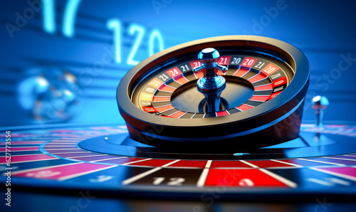 Roulette wheel and the number 21, 77, on a blue background.
