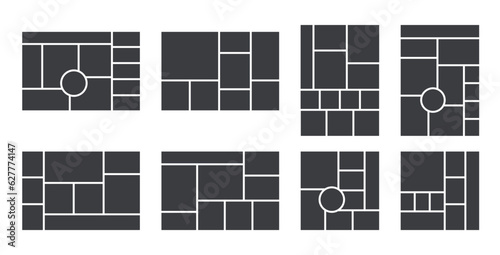 Mood board grid. Collage templates. Moodboard banner. Montage photo images. Mosaic pictures album layout. Photomontage frames in different formats. Set of modern gallery mockups. Vector illustration. 