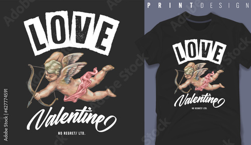 Stampa su tela Graphic t-shirt design, love valentine slogan with Flying Cupid holding bow and aiming or shooting arrow ,vector illustration for t-shirt