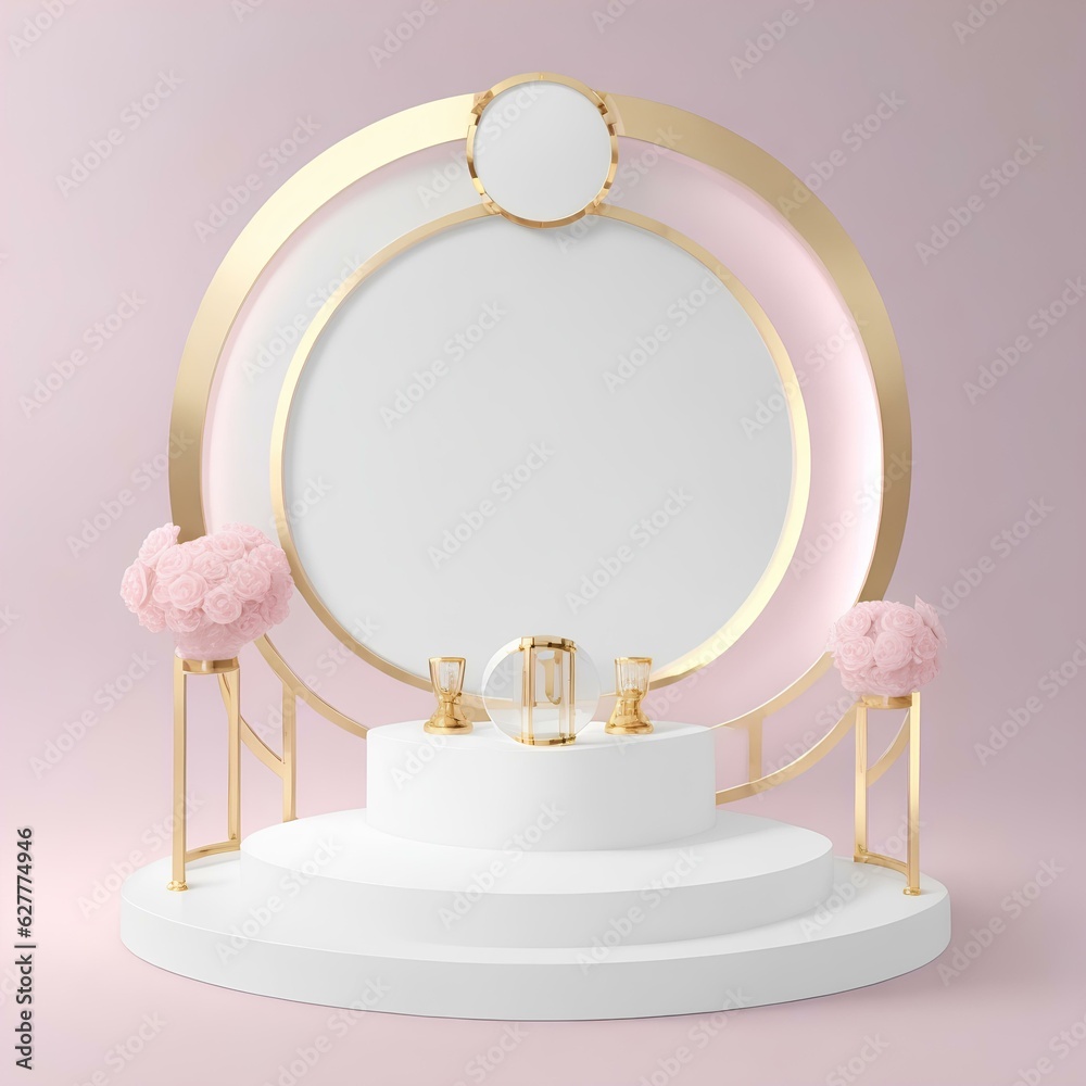 White pink pedestal background with Golden Glass Ring Frame for cosmetic product presentation Generative AI