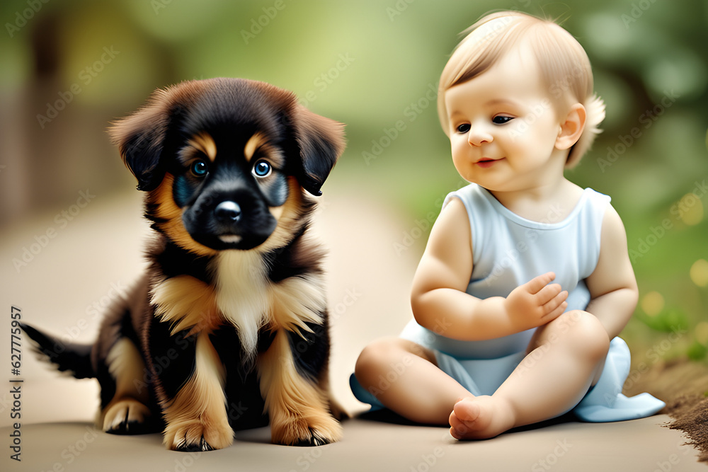cute puppy and pretty baby, Generative AI, cute puppy and pretty baby, Generative AI,