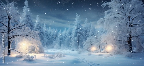 Winter wonderland with twinkling lights, snow-covered trees. Scenic snowy landscape, merry and wintry.