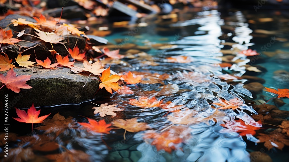 A yellow-orange maple leaf floating in a stream. The bright color of the autumn season of nature. Generative AI A yellow-orange maple leaf floating in a stream. The bright color of the autumn season of nature. Generative AI
