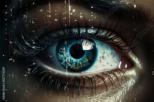 An Eye Enveloped by Digital Information, Technological Consumption Abstract Concept Render