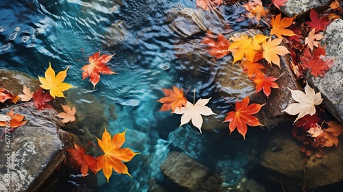 A yellow-orange maple leaf floating in a stream. The bright color of the autumn season of nature. Generative AI
