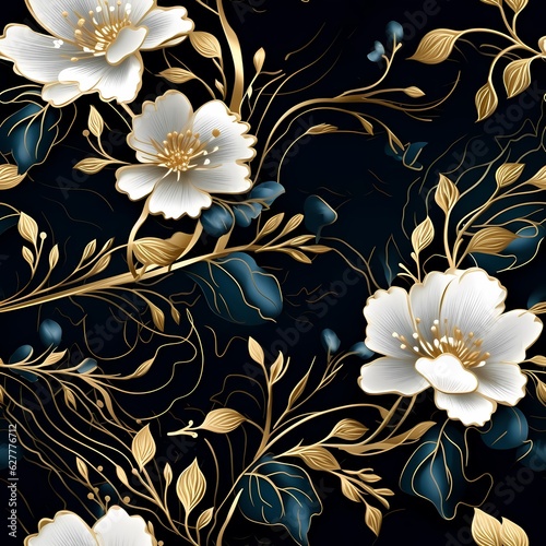 gold flowers and blue paint on a background