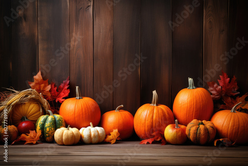 Selection of various pumpkins on dark wooden background with copy space. Autumn vegetables and seasonal decorations