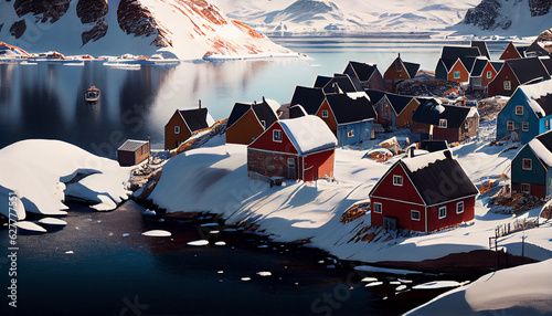 A Greenland seaside village in the style of Qaqortoq in winter, beautiful day, natural background Ai generated image photo