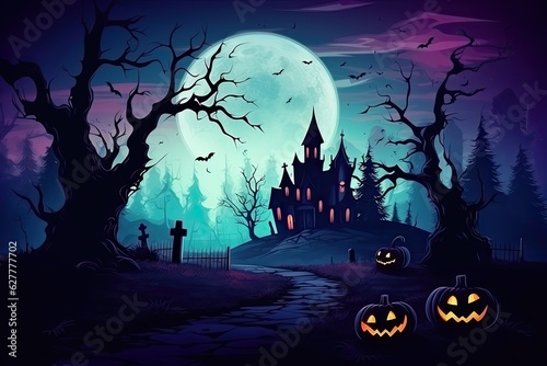 Halloween background illustration with creepy spooky pumpkin heads. Space to write messages