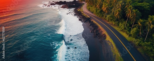 Aerial view on road with red car, with sunset, sea and palms., panorama. Wallpaper.