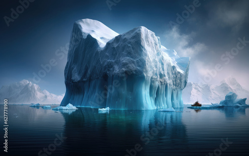 Iceberg in clear blue water and hidden danger under water. Global Warming Concept. Floating ice in ocean. Copyspace for text.