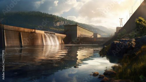 view hydroelectric dam, water discharge through locks, blue color banner industrial concept photo