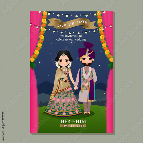  Wedding invitation card the bride and groom cute couple in traditional indian dress cartoon character. Vector illustration