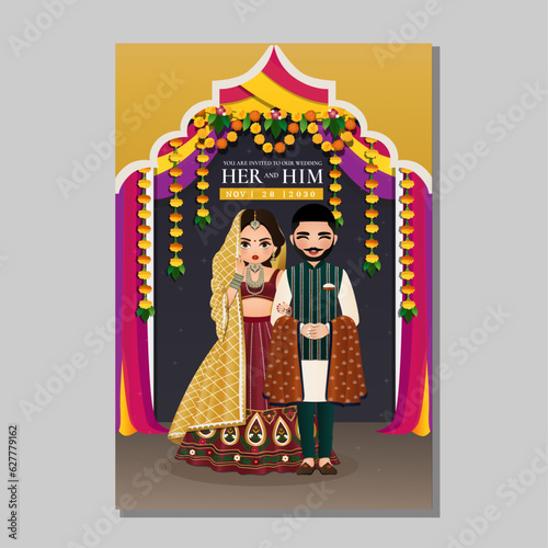  Wedding invitation card the bride and groom cute couple in traditional indian dress cartoon character. Vector illustration