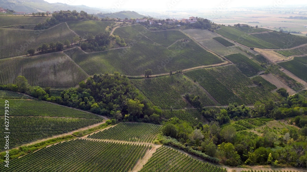Drone aerial view of amazing Tuscany hill landscape with vineyard and mountain street in countryside - Apennines in Italy Florence 