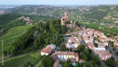 Europe, Italy , Oltrepo' Pavese , Broni - Cigognola castle of Moratti family in the green countryside landscape - drone aeriel view of vineyard land for production of vine in Lombardy Tuscany  photo