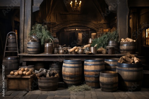 An enchanting images showcasing the rustic charm of grain-filled baskets and wooden barrels. Generative Ai