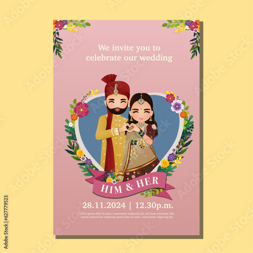  Wedding invitation card the bride and groom cute couple in traditional indian dress cartoon character. Vector illustration