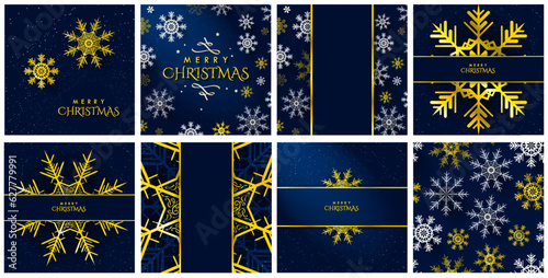 Set of Trendy and Beautiful Christmas Cards with 3d white and bright snowflakes on dark blue background. Snowflake pattern. Perfect for winter-themed and christmas templates. Vector Illustration.
