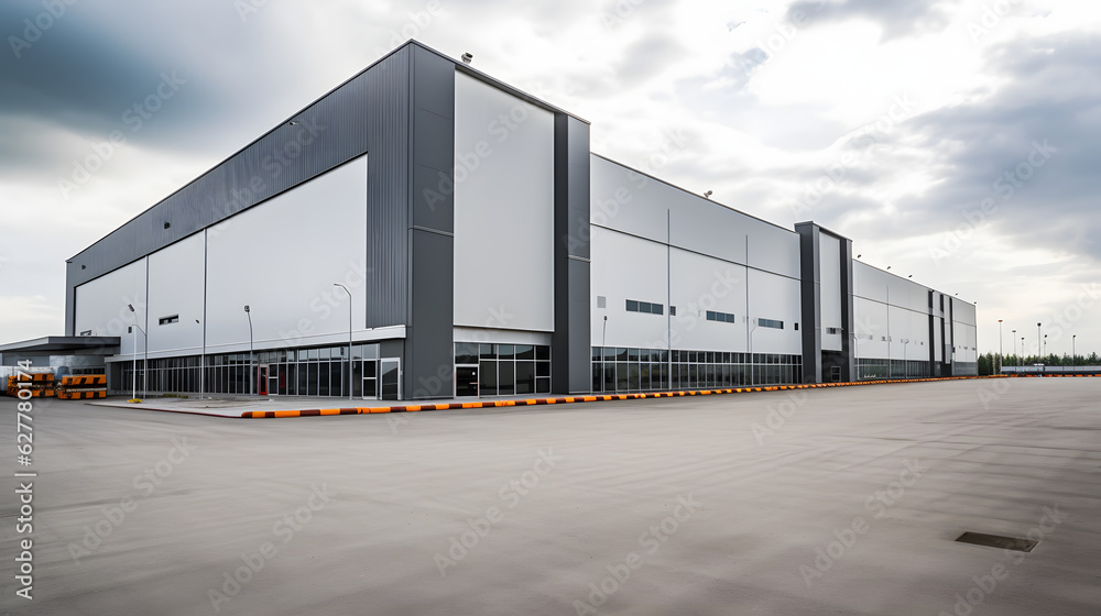 Logistics center, warehouse or large retail store under a blue sky. Generative AI