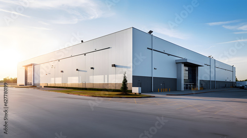 Logistics center, warehouse or large retail store under a blue sky. Generative AI