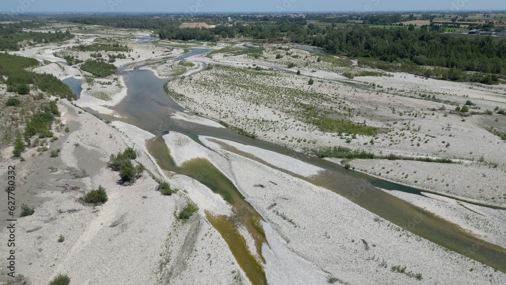 Europe, Italy , Emilia Romagna Val Trebbia - drone aerial view of river drought and aridity water emergency - climate change and global warming after hurricane and river flood
