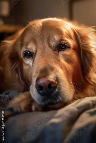 Golden Retriever dog lying on bed head down
