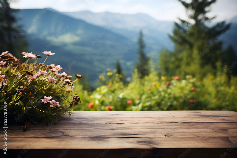 Wood Table with Flowers for Product Photography with mountain view background