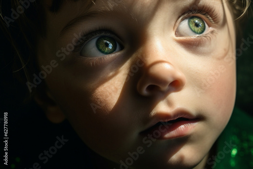 Generative Ai close up cropped collage image of little boy face look interested bright light isolated on dark creative background