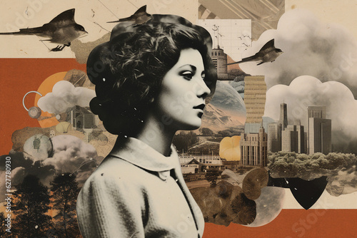Composite collage generative ai illustration retro poster style black white style picture charming woman memories urban background