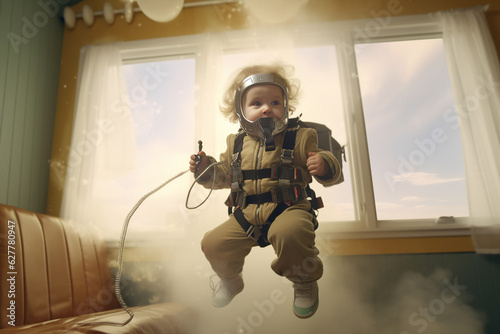 Generative Ai collage picture of little boy wear jetpack spacesuit flying steam house isolated on living room home background photo