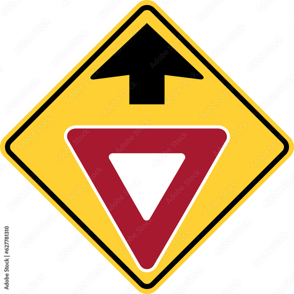 Vector graphic of a usa yield ahead highway sign. It consists of a black arrow above a red and white triangle within a black and yellow square tilted to 45 degrees