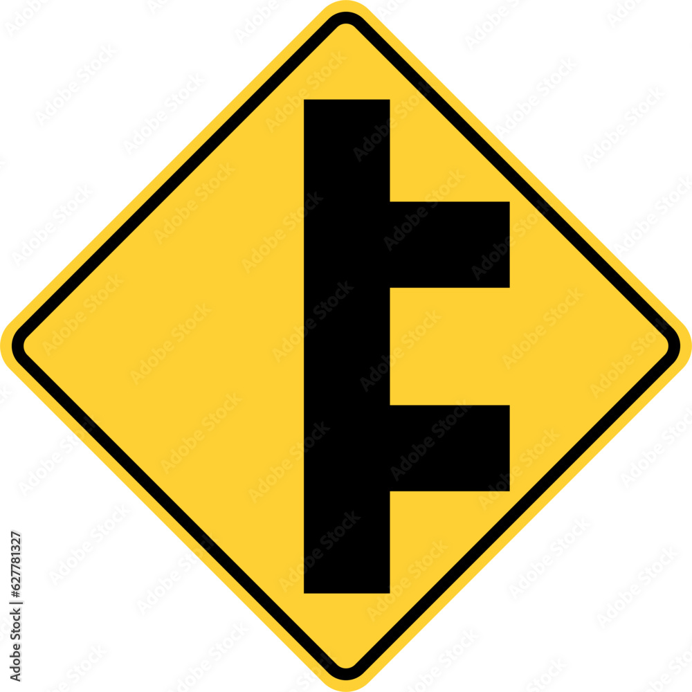 Vector graphic of a usa double side road highway sign. It consists of a vertical black line with two side roads on the same side of the highway within a black and yellow square tilted to 45 degrees Vector graphic of a usa double side road highway sign. It consists of a vertical black line with two side roads on the same side of the highway within a black and yellow square tilted to 45 degrees