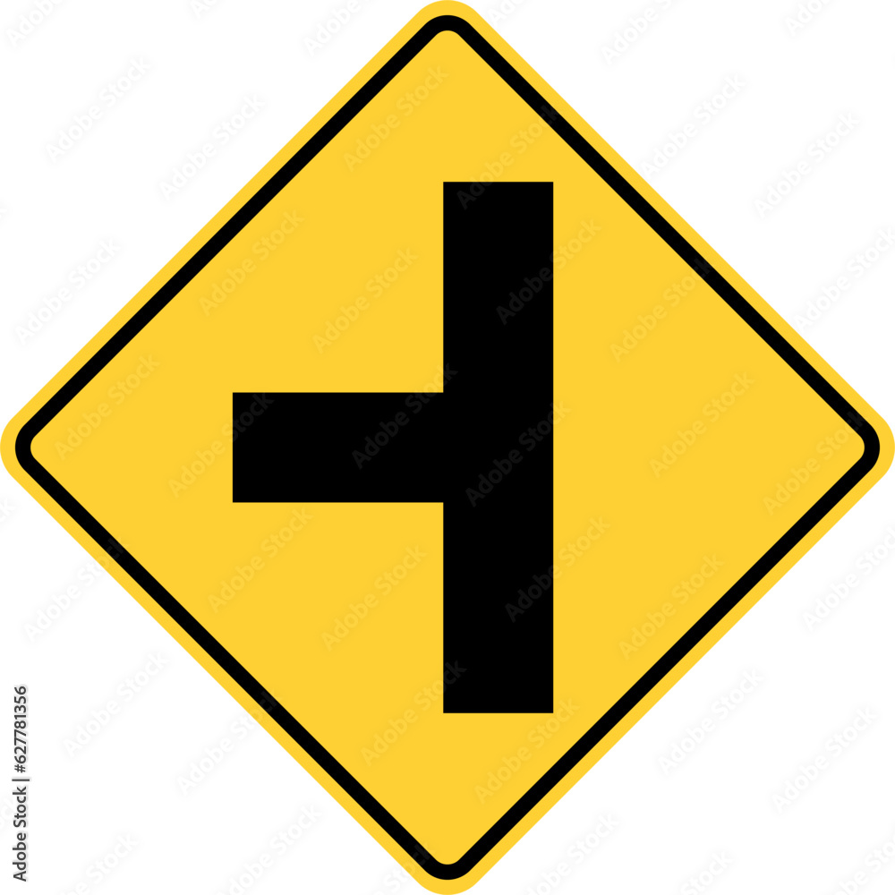 Vector graphic of a usa side road junction highway sign. It consists of a black vertical line with a road emerging from the side within a black and yellow square tilted to 45 degrees Vector graphic of a usa side road junction highway sign. It consists of a black vertical line with a road emerging from the side within a black and yellow square tilted to 45 degrees
