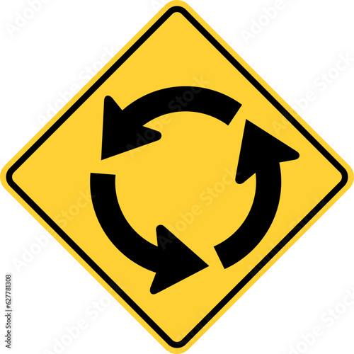 Vector graphic of a usa roundabout highway sign. It consists of a three curved black arrows forming an anti clockwise circle within a black and yellow square tilted to 45 degrees
