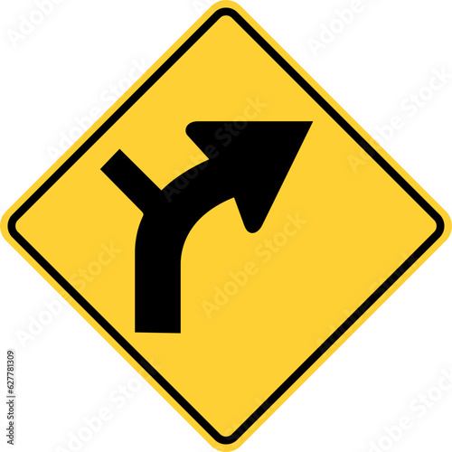 Vector graphic of a usa curve with minor road highway sign. It consists of a black curved arrow with a smaller road emerging on the bend within a black and yellow square tilted to 45 degrees