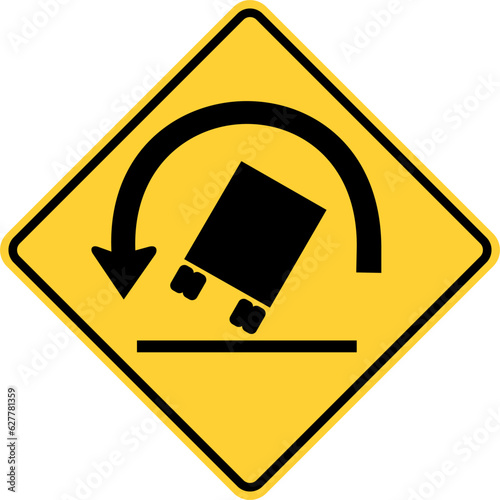 Vector graphic of a usa truck rollover warning highway sign. It consists of a black truck tilted at a dangerous angle below a curved black arrow within a black and yellow square tilted to 45 degrees