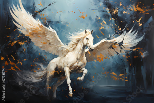 Abstract painting of a white Pegasus ready to fly, Generative AI