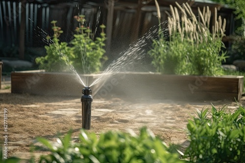 Green lawn automatic irrigation system in park. Watering lawn at heat summer. Close up. Outdoors. Generative AI.