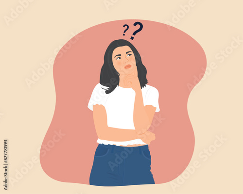 Beautiful young woman with long hair is contemplating her question or planning work, a good way to achieve a goal. Vector illustration.