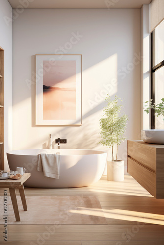 Minimalist white interior bathroom with wooden floor. Generative AI © piai
