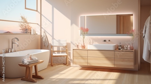 Minimalist white interior bathroom with wooden floor. Generative AI