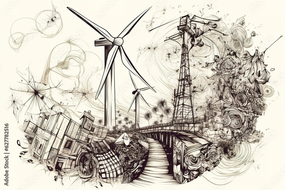 farm country side sketch with plants shrubs and wind mill